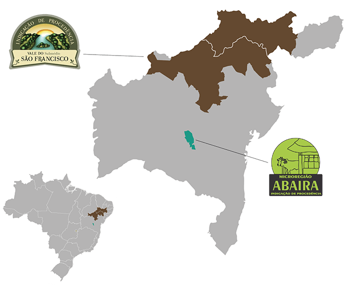 #PraCegoVer mapa do Brasil e ampliação ods estados da Bahia e Pernambuco com destaque para as regiões com Indicação de Procedência Geográfica, Vale do submédio São Francisco e Abaira