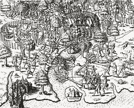 Tupinambá guerreando, ou contato com os brancos segundo relato de Hans Staden, 1554 – Hans Staden – Primeiro Viajante,s/d – Acervo Biblioteca Nacional – Aldeia Tupinambá – Hans Staden, Americae Tertia Pars, Ed. 1592 – Acervo Museu Nacional