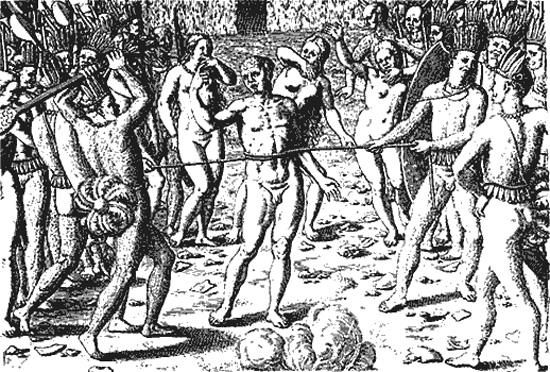 Inimigo amarrado na preparação do sacrifício, segundo descrição de Hans Staden, 1554. Hans Staden – Primeiro Viajante, s/d; - Biblioteca Nacional