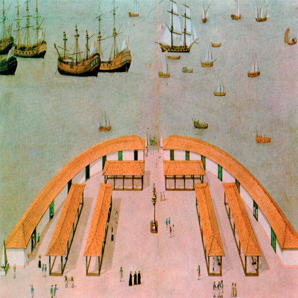 Alexandre Rodrigues Ferreira - Praça do Pelourinho e barcos de guerra - Viagem Filosófica - Biblioteca Nacional